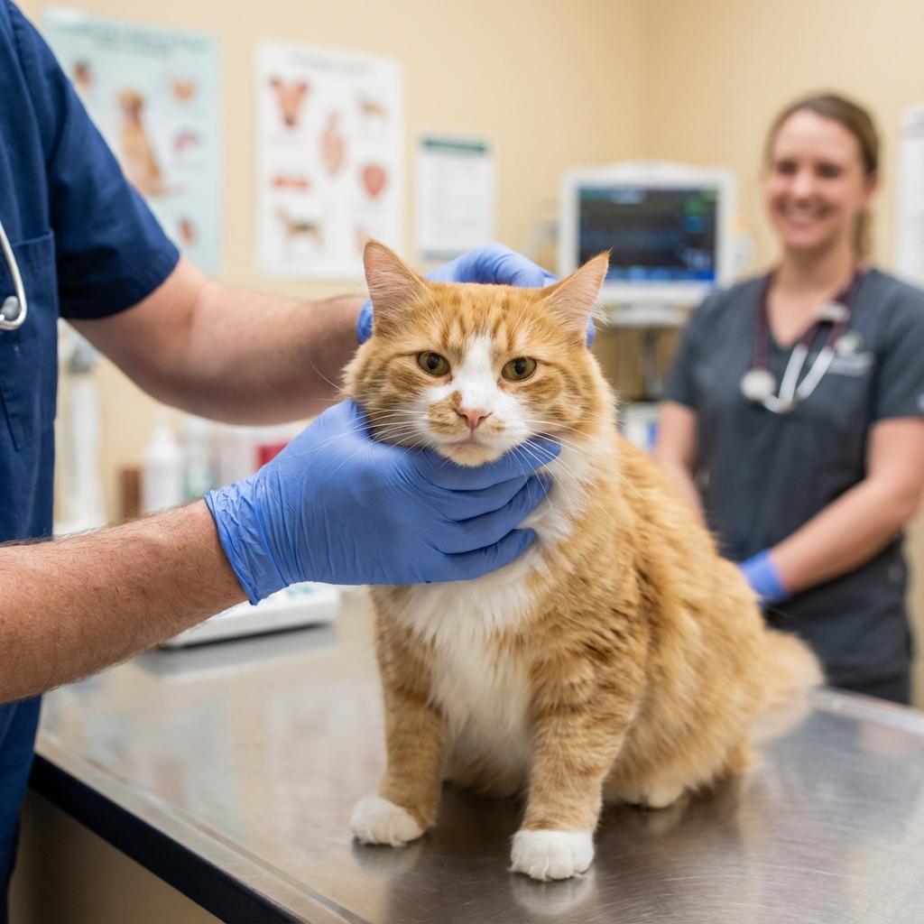 Veterinarian examining a cat